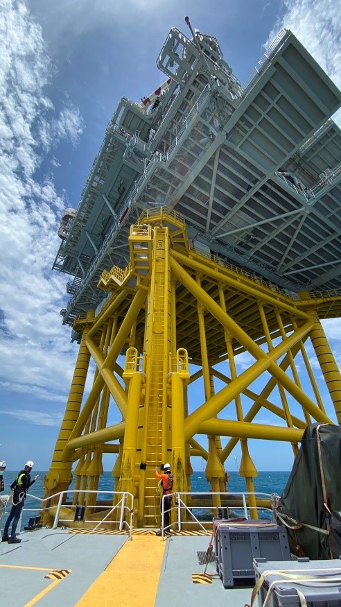 Labor Inspector Gets Ready To Climb Up The Offshore Sub Station Of The Offshore Wind Farm From The Barge